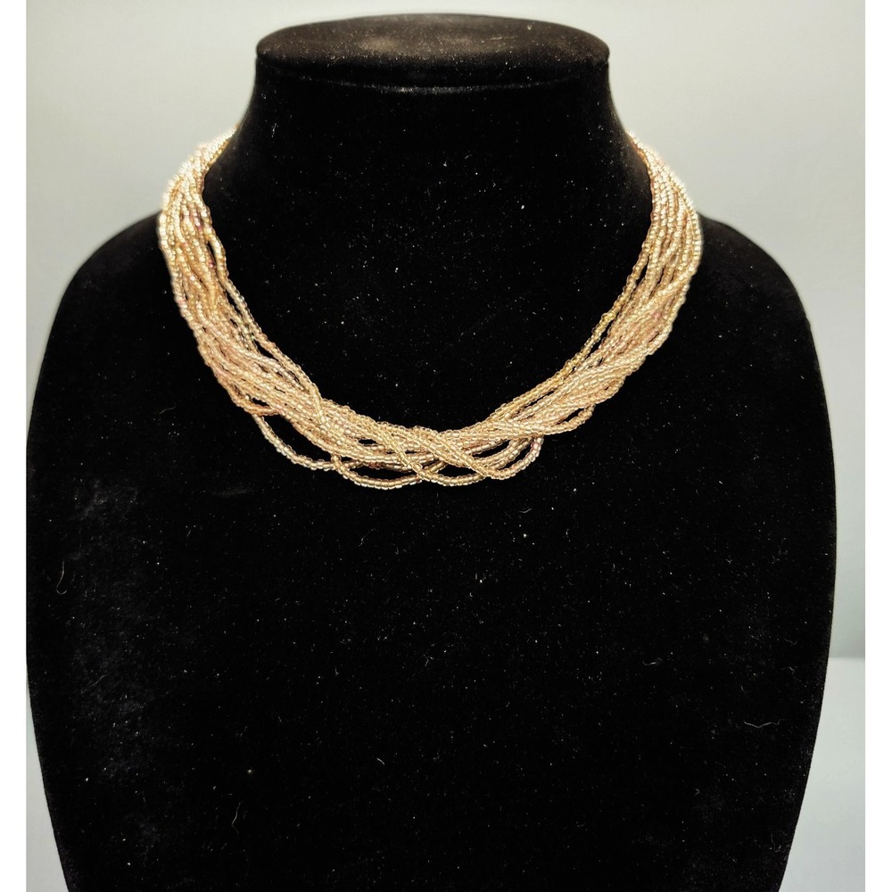 Multi Strand Beaded Choker Necklace Adjustable 16-18" Champagne Pink Seed Bead